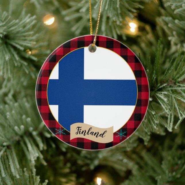 Finland, Red buffalo plaid & Finnish Flag Ceramic Ornament (Tree)