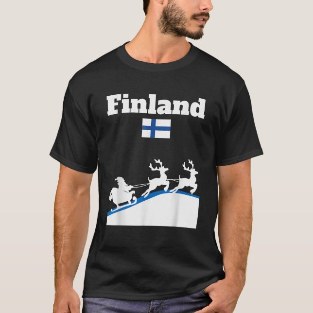 Finland Santa Claus sledge reindeers Finland flag  T-Shirt (Front)