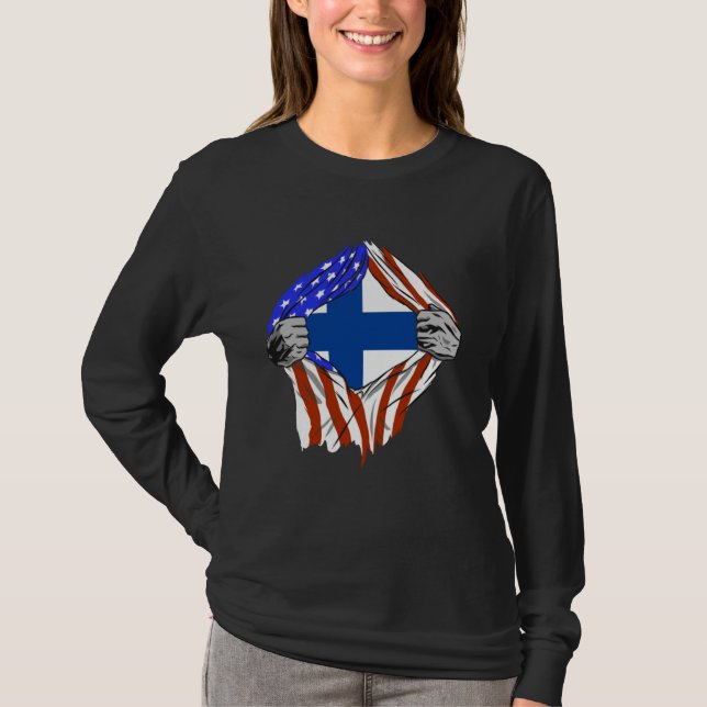 Finland USA Finn America Chest Finnish Pride Finni T-Shirt (Front)