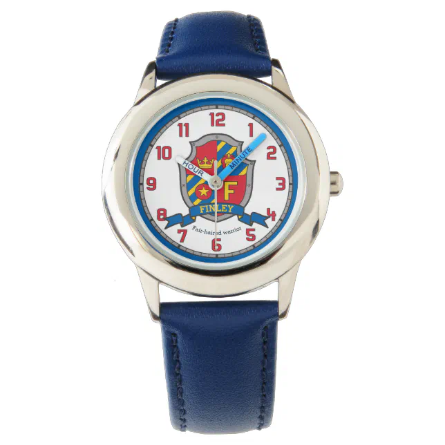 Finley name meaning crest red blue yellow kids watch Zazzle