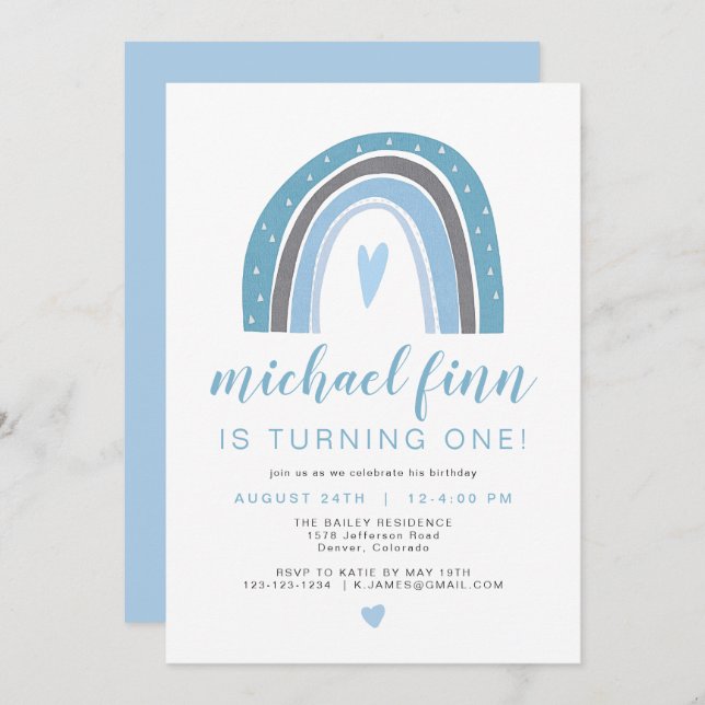 FINN | Dusty Blue Boho Rainbow Heart Boy Birthday Invitation (Front/Back)