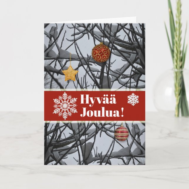Finnish Christmas Ornaments on Snowy Branches Holiday Card (Front)