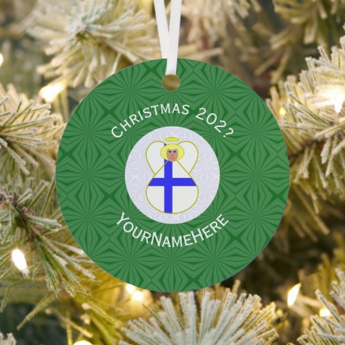 Finnish Flag Christmas Angel Name Year Metal Ornament