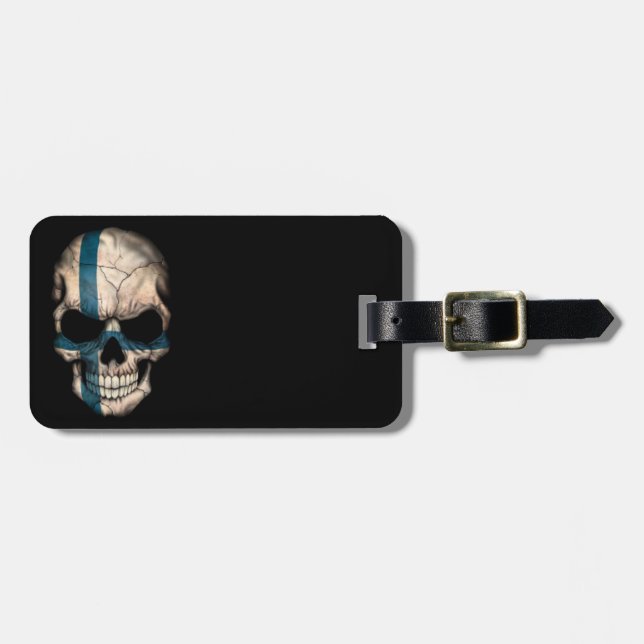 Finnish Flag Skull on Black Luggage Tag (Front Horizontal)