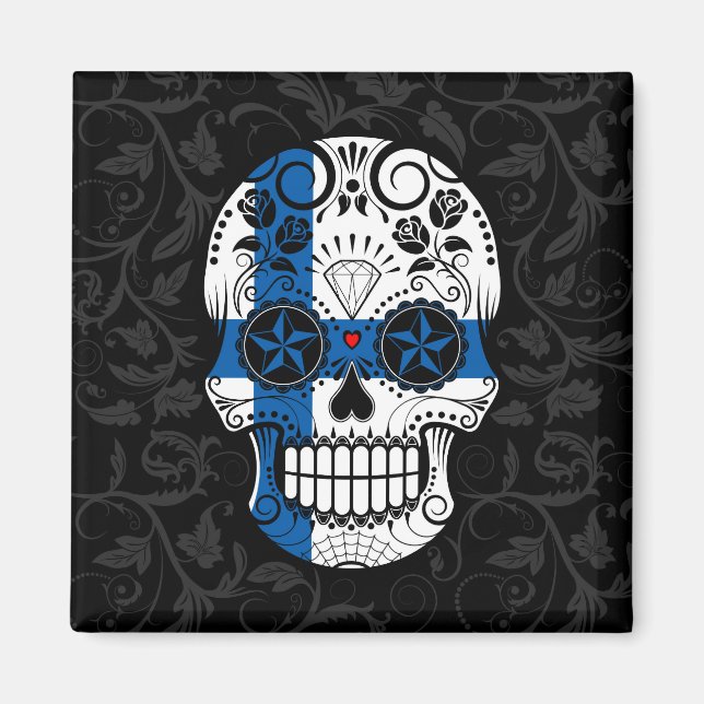 Finnish Flag Sugar Skull with Roses Magnet (Front)
