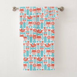 Finnish Fox & Bird Folk Art Pattern Bath Towel Set