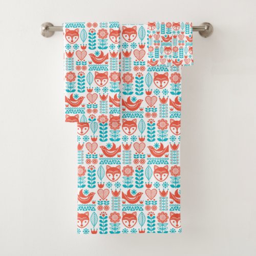 Finnish Fox  Bird Folk Art Pattern Bath Towel Set