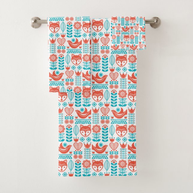 Finnish Fox & Bird Folk Art Pattern Bath Towel Set (Insitu)