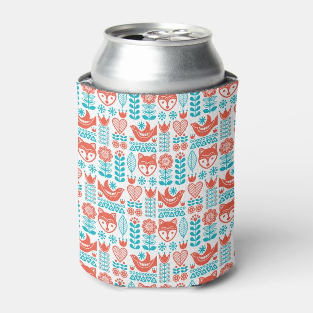 Finnish Fox & Bird Folk Art Pattern Can Cooler (Can Front)