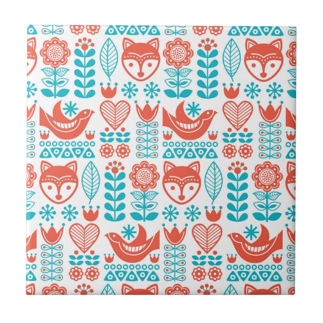 Finnish Fox & Bird Folk Art Pattern Ceramic Tile (Front)