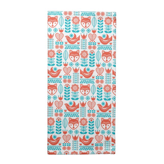 Finnish Fox & Bird Folk Art Pattern Cloth Napkin (Half Fold)
