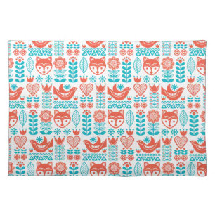 Finnish Fox & Bird Folk Art Pattern Cloth Placemat