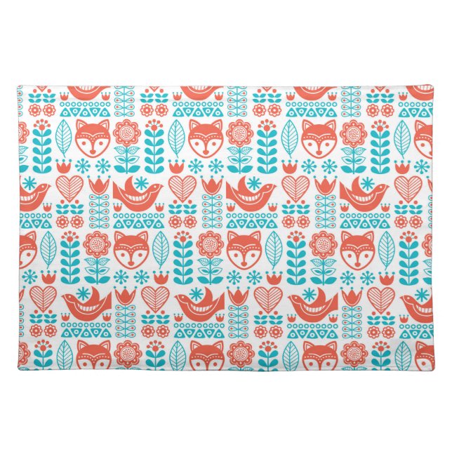 Finnish Fox & Bird Folk Art Pattern Cloth Placemat (Front)
