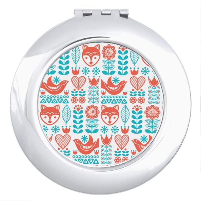 Finnish Fox & Bird Folk Art Pattern Compact Mirror (Front)