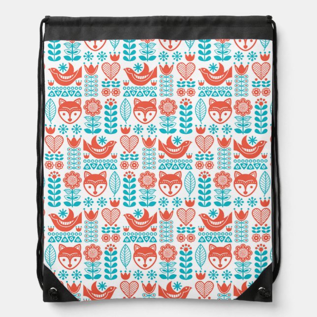 Finnish Fox & Bird Folk Art Pattern Drawstring Bag (Front)