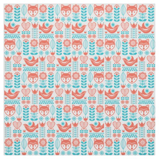 Finnish Fox & Bird Folk Art Pattern Fabric