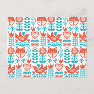 Finnish Fox & Bird Folk Art Pattern Holiday Postcard