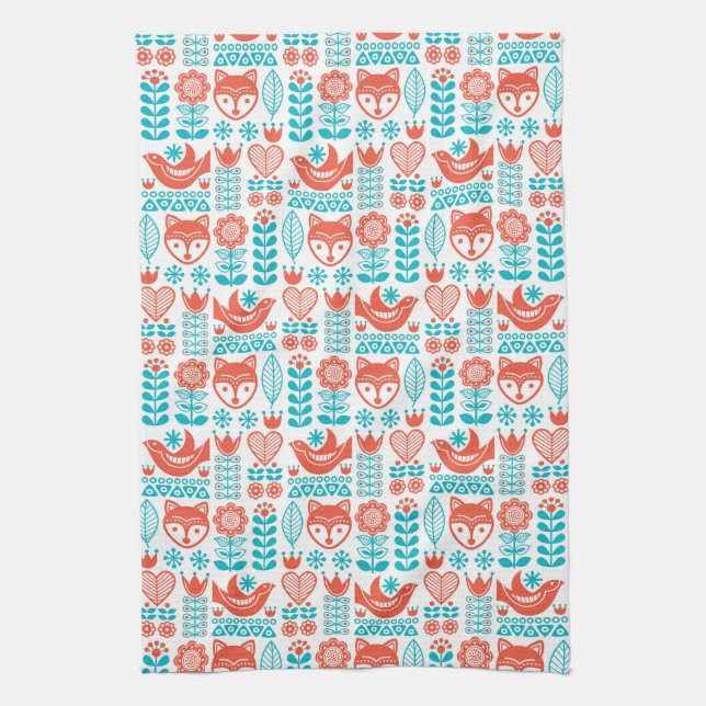Finnish Fox & Bird Folk Art Pattern Kitchen Towel (Vertical)