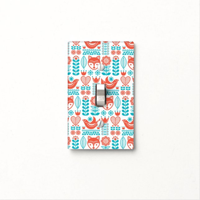 Finnish Fox & Bird Folk Art Pattern Light Switch Cover (In Situ)