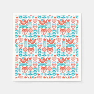 Finnish Fox & Bird Folk Art Pattern Napkins