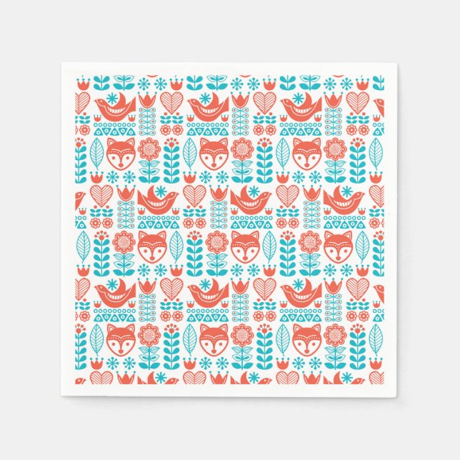 Finnish Fox & Bird Folk Art Pattern Napkins (Front)