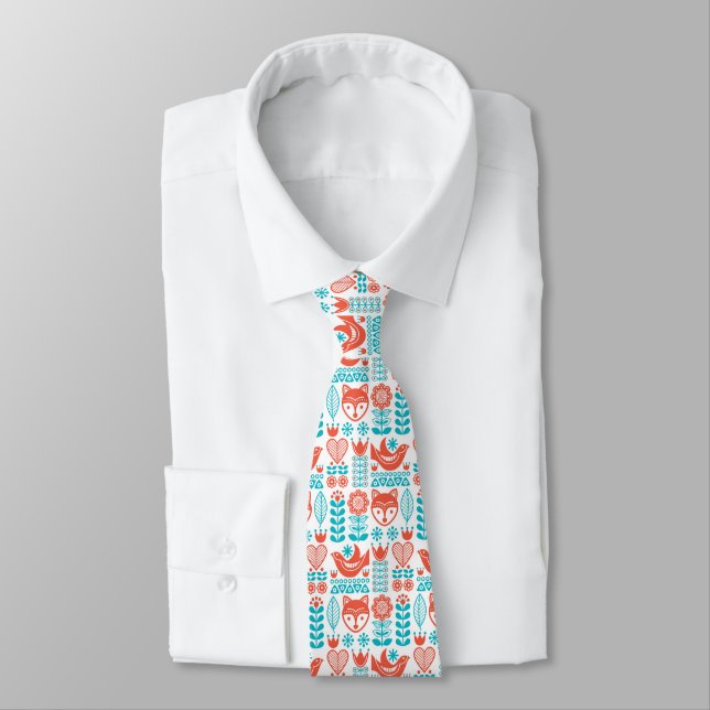 Finnish Fox & Bird Folk Art Pattern Neck Tie (Tied)