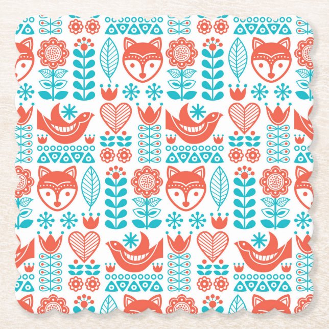Finnish Fox & Bird Folk Art Pattern Paper Coaster (Front)