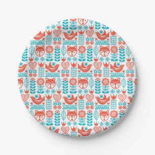 Finnish Fox & Bird Folk Art Pattern Paper Plates