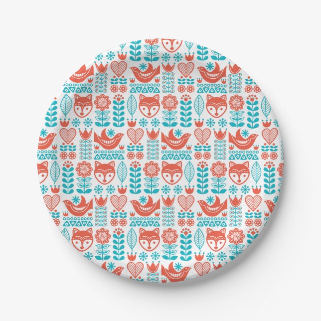 Finnish Fox & Bird Folk Art Pattern Paper Plates (Front)