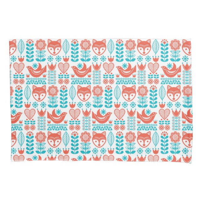 Finnish Fox & Bird Folk Art Pattern Pillow Case (Front-Left)