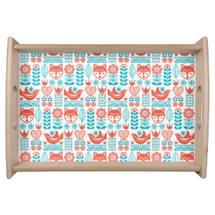 Finnish Fox & Bird Folk Art Pattern Serving Tray