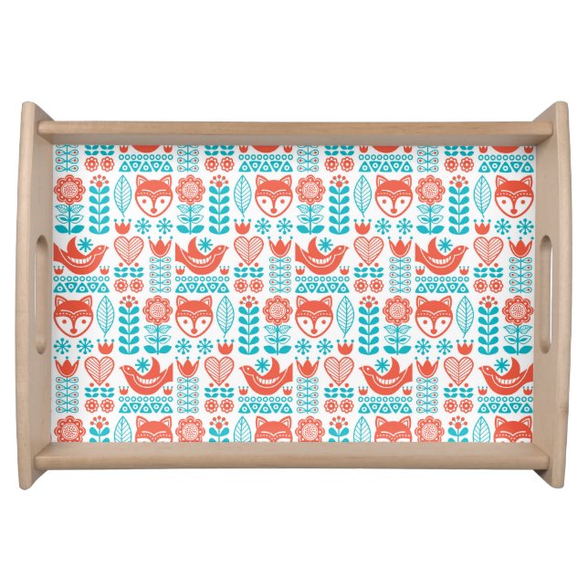Finnish Fox & Bird Folk Art Pattern Serving Tray (Front)