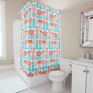 Finnish Fox & Bird Folk Art Pattern Shower Curtain