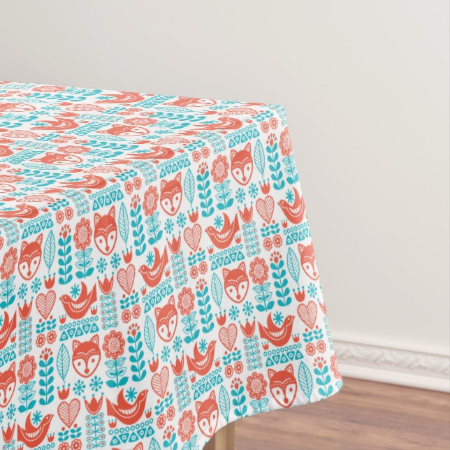 Finnish Fox & Bird Folk Art Pattern Tablecloth (In Situ)