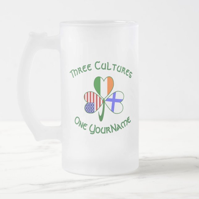 Finnish Irish American Flags Shamrock Personalized Frosted Glass Beer Mug (Left)