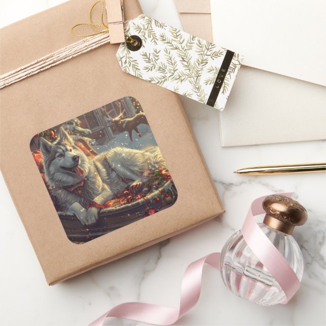 Finnish Laphund Dog Christmas Festive Square Sticker (Gifting)