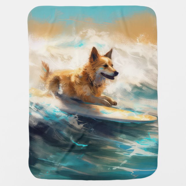 Finnish Lapphund Beach Surfing Painting Baby Blanket (Front)