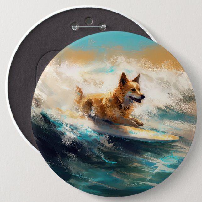 Finnish Lapphund Beach Surfing Painting Button (Front & Back)