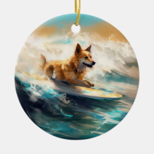 Finnish Lapphund Beach Surfing Painting Ceramic Ornament