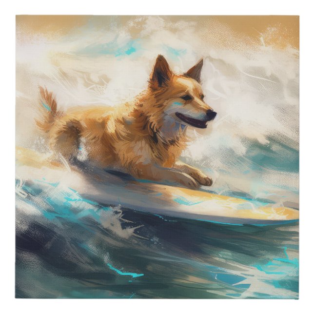 Finnish Lapphund Beach Surfing Painting Faux Canvas Print (Front)