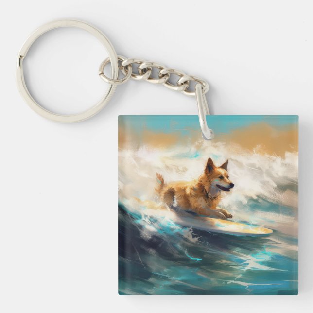 Finnish Lapphund Beach Surfing Painting Keychain (Front)