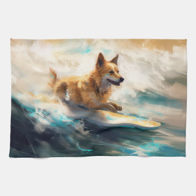 Finnish Lapphund Beach Surfing Painting Kitchen Towel (Horizontal)