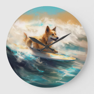 Finnish Lapphund Beach Surfing Painting Large Clock