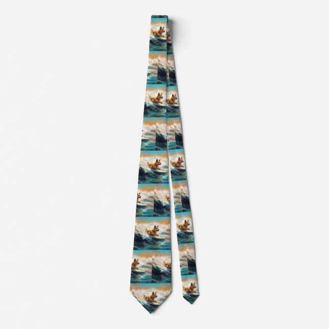 Finnish Lapphund Beach Surfing Painting Neck Tie (Front)
