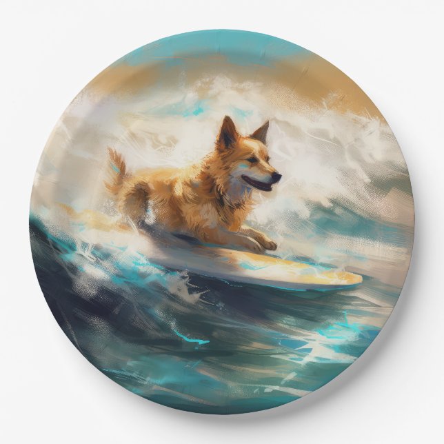 Finnish Lapphund Beach Surfing Painting Paper Plates (Front)