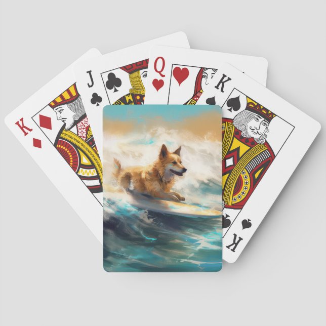 Finnish Lapphund Beach Surfing Painting Poker Cards (Back)