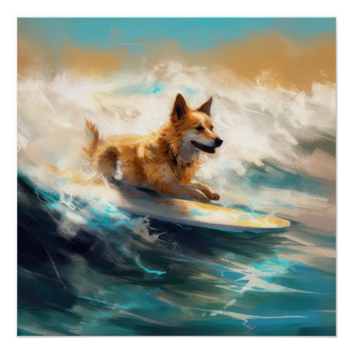 Finnish Lapphund Beach Surfing Painting Poster