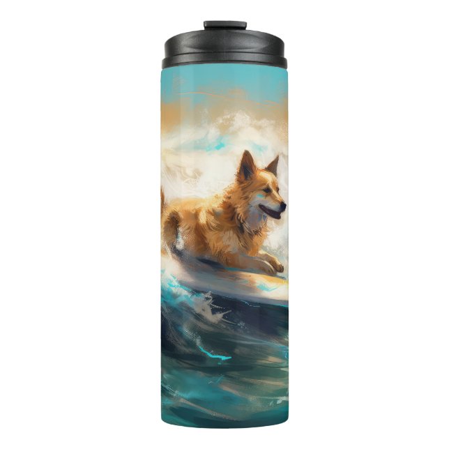 Finnish Lapphund Beach Surfing Painting Thermal Tumbler (Front)