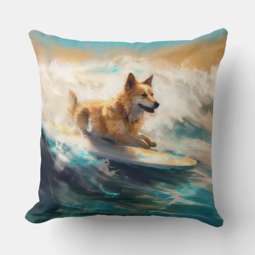 Finnish Lapphund Beach Surfing Painting Throw Pillow