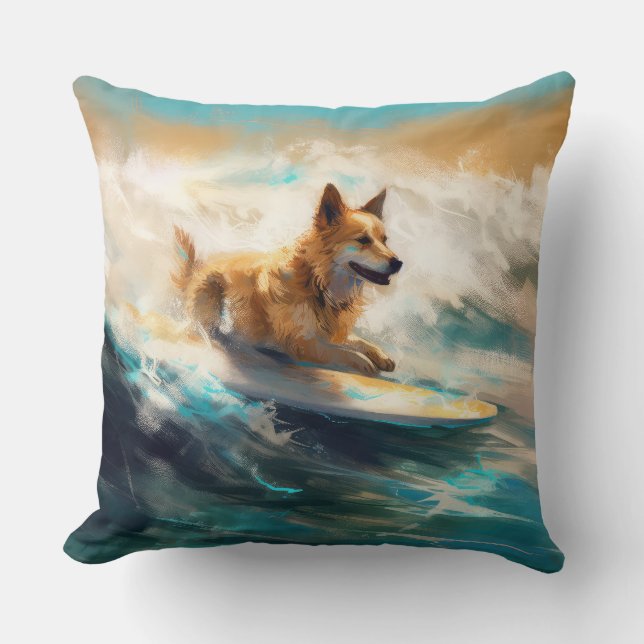 Finnish Lapphund Beach Surfing Painting Throw Pillow (Front)